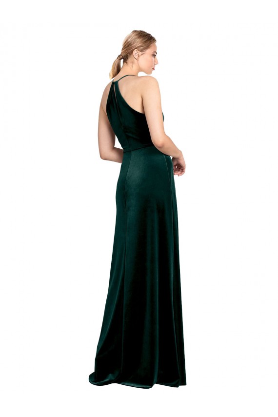 Comprare Verde Scuro Linea A Sottili Collo Gioiello Velluto Elastico Lunga Abiti da damigella donore / Abiti da ballo