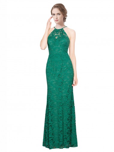 Comprare Verde Scuro Stile sirena Capestro Alto Collo Pizzo Lunga Abiti da damigella donore / Abiti da ballo