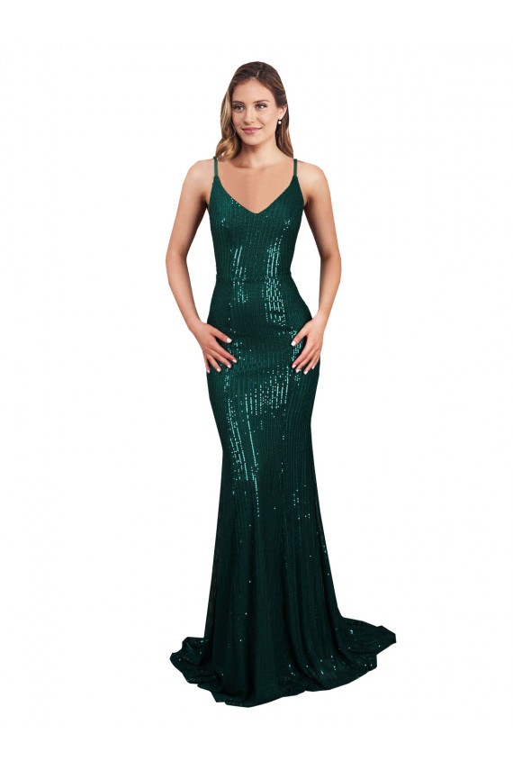 Comprare Verde Scuro Stile sirena Scollatura a V Paillettes Lunga Formali Abiti da damigella donore / Abiti da sera / Abiti da ballo
