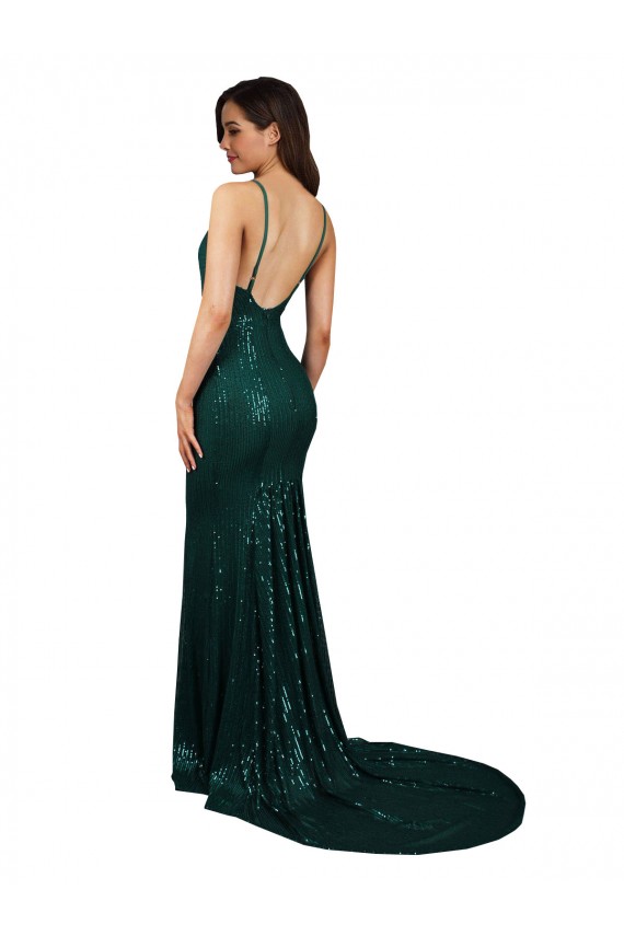 Comprare Verde Scuro Stile sirena Scollatura a V Paillettes Lunga Formali Abiti da damigella donore / Abiti da sera / Abiti da ballo