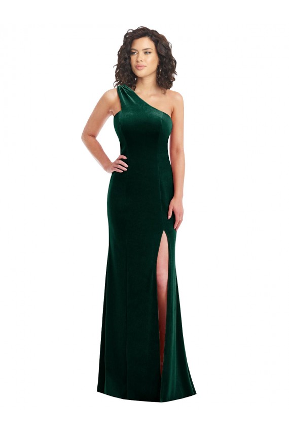 Comprare Verde Scuro Tromba Una spalla Velluto Elastico Lunga Abiti da damigella donore / Abiti da ballo