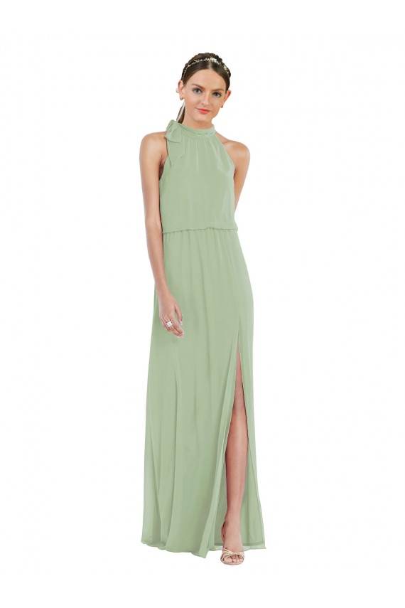 Comprare Verde fumo Linea A Alto Collo Chiffona Lunga Abiti da damigella donore