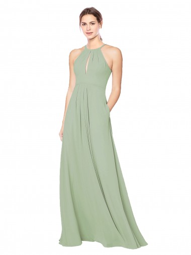 Comprare Verde fumo Linea A Capestro Chiffona Lunga Abiti da damigella donore