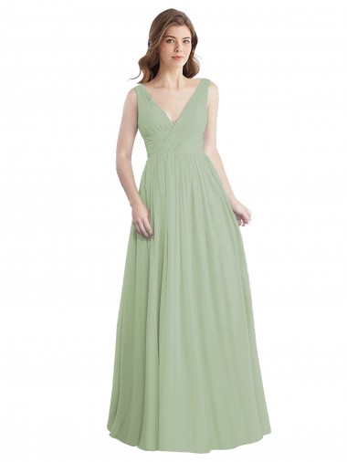 Comprare Verde fumo Linea A Scollatura a V Chiffona Lunga Abiti da damigella donore
