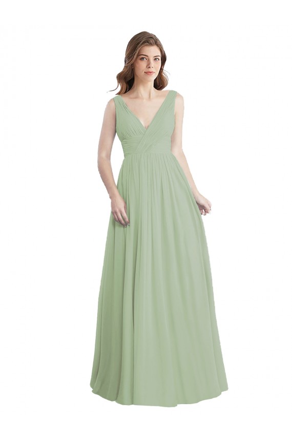 Comprare Verde fumo Linea A Scollatura a V Chiffona Lunga Abiti da damigella donore