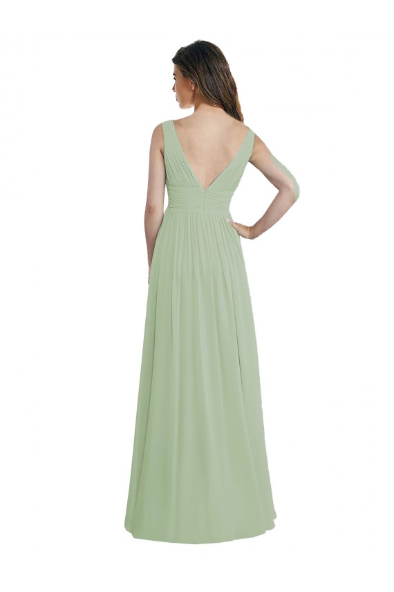 Comprare Verde fumo Linea A Scollatura a V Chiffona Lunga Abiti da damigella donore