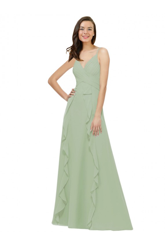 Comprare Verde fumo Linea A Sottili Scollatura a V Chiffona Lunga Abiti da damigella donore