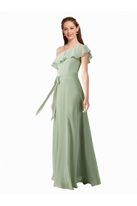 Comprare Verde fumo Linea A Una spalla Chiffona Lunga Abiti da damigella donore
