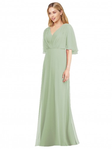 Comprare Verde fumo Tromba Scollatura a V Chiffona Lunga Abiti da damigella donore