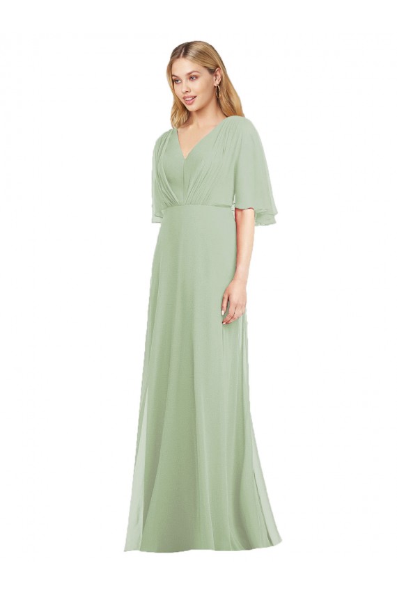 Comprare Verde fumo Tromba Scollatura a V Chiffona Lunga Abiti da damigella donore