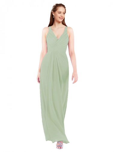 Comprare Verde fumo Tubino Scollatura a V Chiffona Lunga Abiti da damigella donore