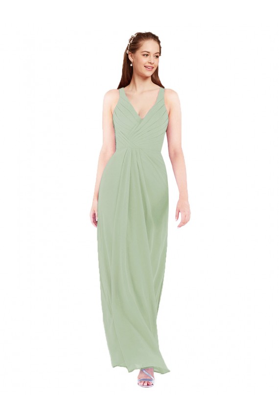 Comprare Verde fumo Tubino Scollatura a V Chiffona Lunga Abiti da damigella donore
