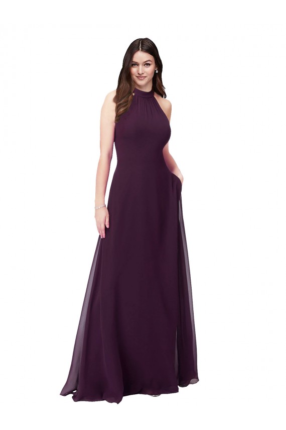 Comprare Vinaccia Linea A Capestro Alto Collo Chiffona Lunga Abiti da damigella donore