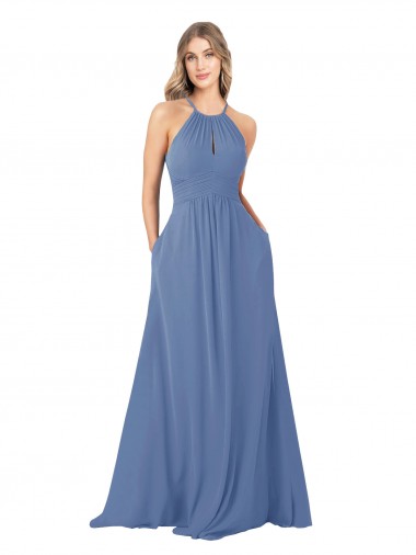 Comprare Windsor Blu Linea A Alto Collo Chiffona Lunga Abiti da damigella donore